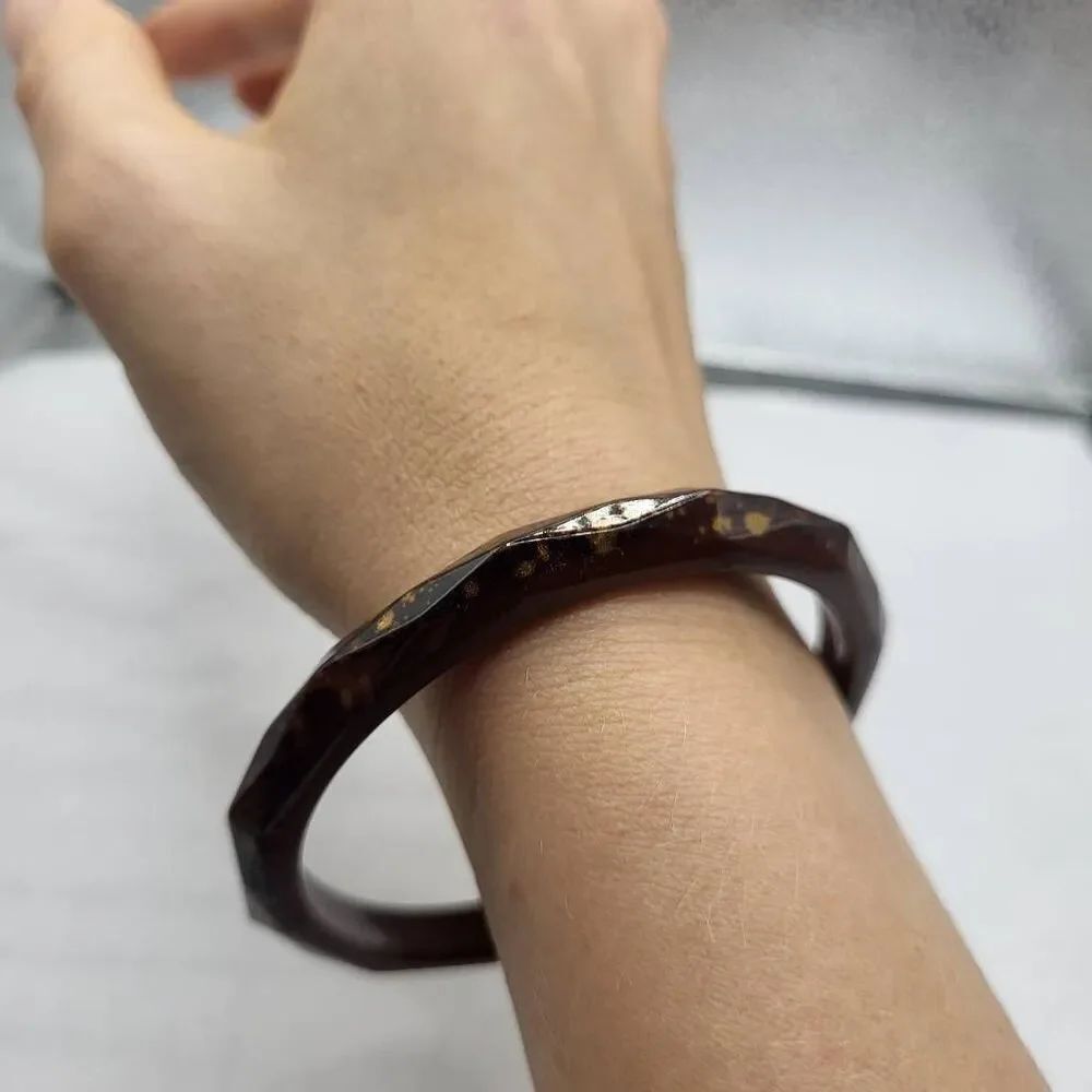 Vintage Geometric Acrylic Bangle Bracelet- Chocolate with gold flakes